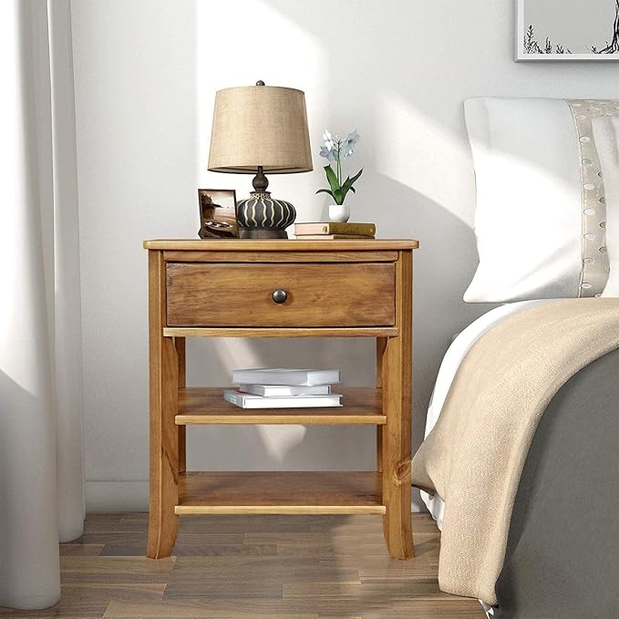 MUSEHOMEINC Rustic Wood 3-Tier Nightstand with Storage Shelf and Drawer for Bedroom or Living Room/Round Metal Knobs/Heritage Collection Furniture/End Table/Side Table, Teak Finish

