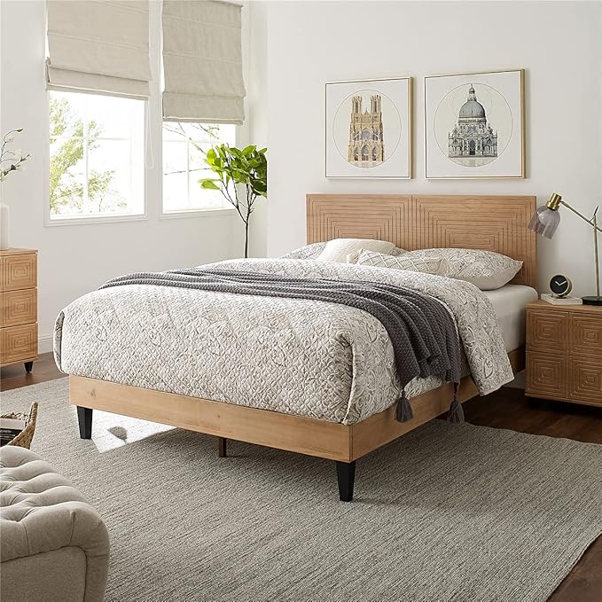 MUSEHOMEINC Solid Wood King Size Bed Frame with Adjustable Height Headboard, Mid Century Modern Style, Mattress Foundation with Wooden Slat Support,No Box Spring Needed,Easy Assembly (King)
